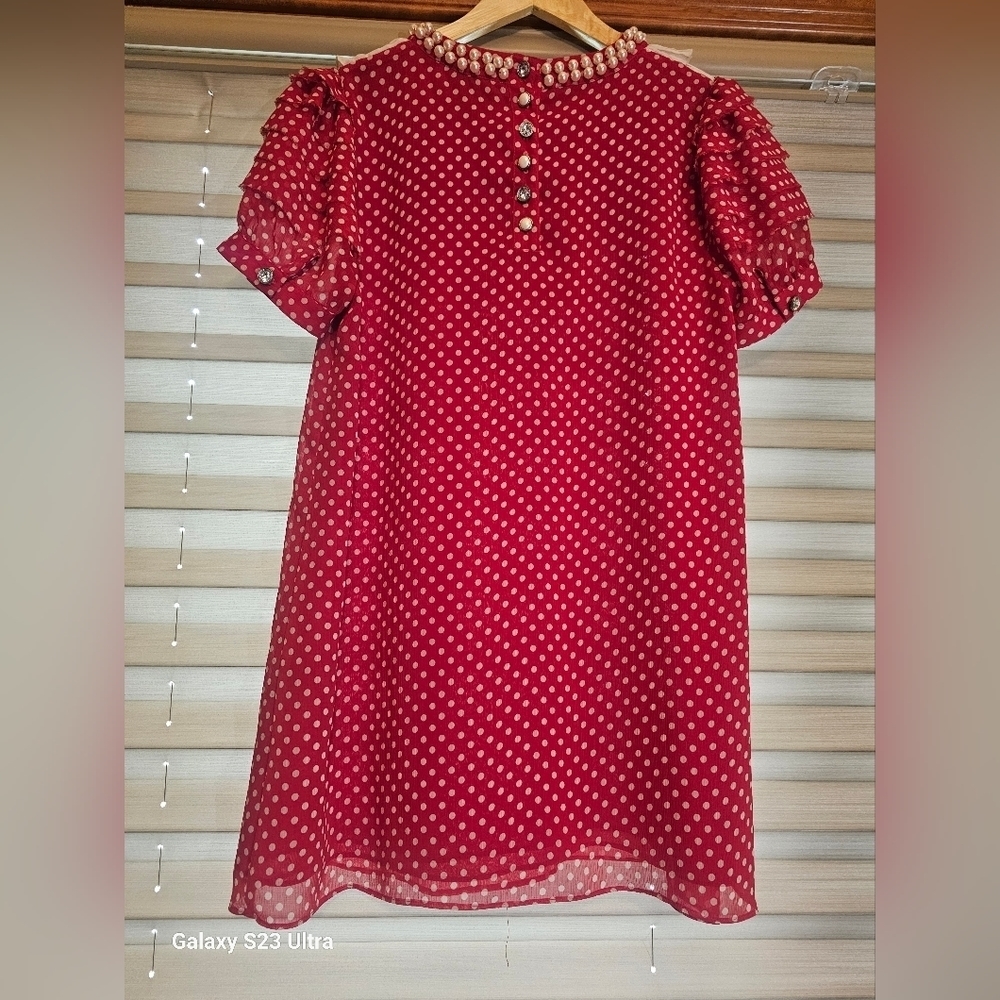 RARE VINTAGE Twelve by Twelve Red Polka Dot Mini Dress with Cream Ruffle Collar - Picture 2 of 3